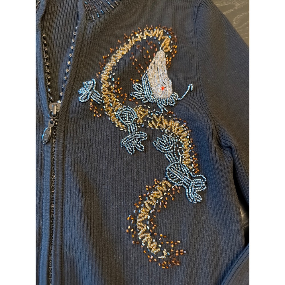 Cache Cardigan Black Silk Blend Beaded Dragon Mock Neck Full Zip Ribbed Small - Picture 2 of 7